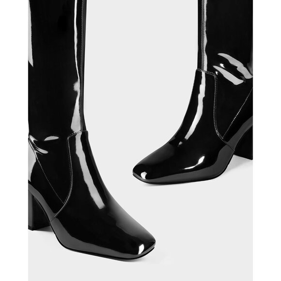 Women Black Over the Knee Square Toe Chunky Heel Patent Leather Long Boots - Picture 4 of 9